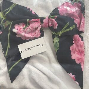 Oscar de la Renta Black Bow Scarf with Pink Floral Print